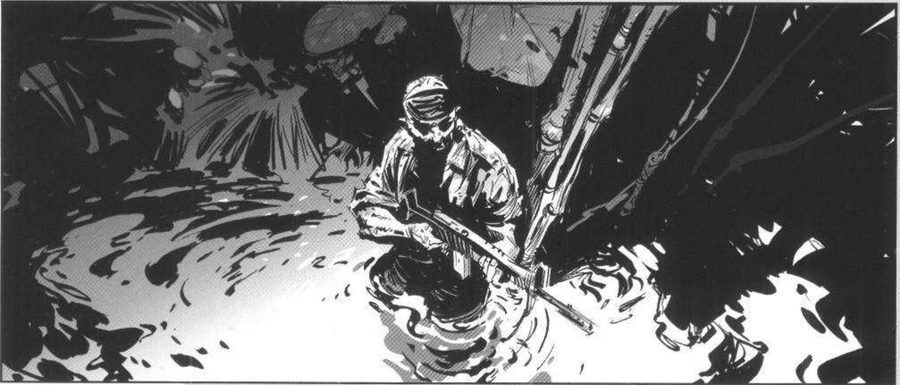 A high view of a soldier wading through a swamp among big leaves and bamboo.