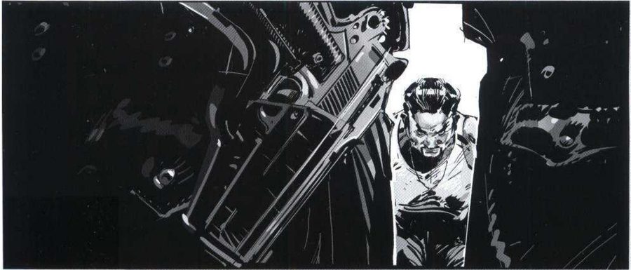 A man in a narrow lit gap between two dark backlit figures, a gun above him.