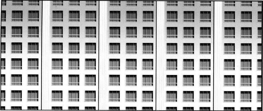 A flat facade with a strict grid of windows.