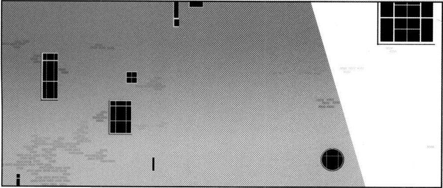 A flat facade with a few scattered odd windows and a light diagonal.