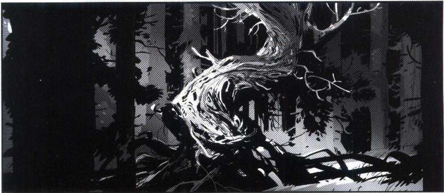 A dark forest of straight trunks with one twisted tree.