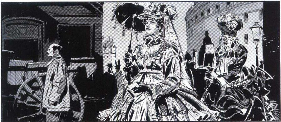 Two ladies in ornate dresses in a street, a plainly dressed man behind them.