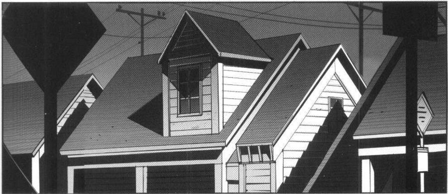 Steep gabled roofs, poles and wires.