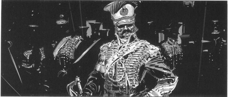A uniformed officer in a plumed hat, lit, with fragments of figures in the dark around him.