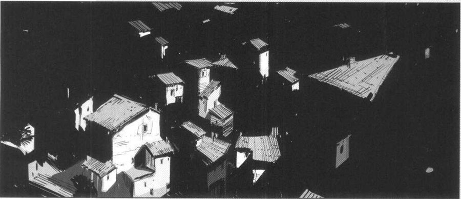 A town of rooftops shown as scattered lit planes in black.