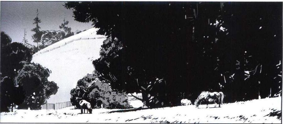 A farm landscape: a near tree mass, horses in the middle, a far hill.