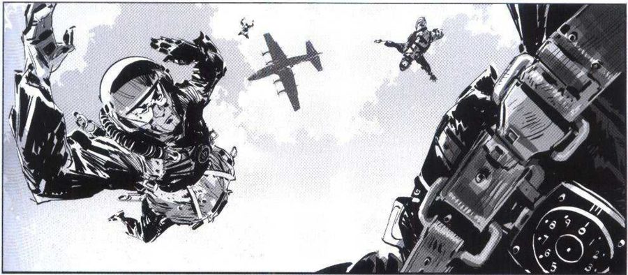 A paratrooper in free fall, a plane and far jumpers behind, a huge strap and dial in the foreground.