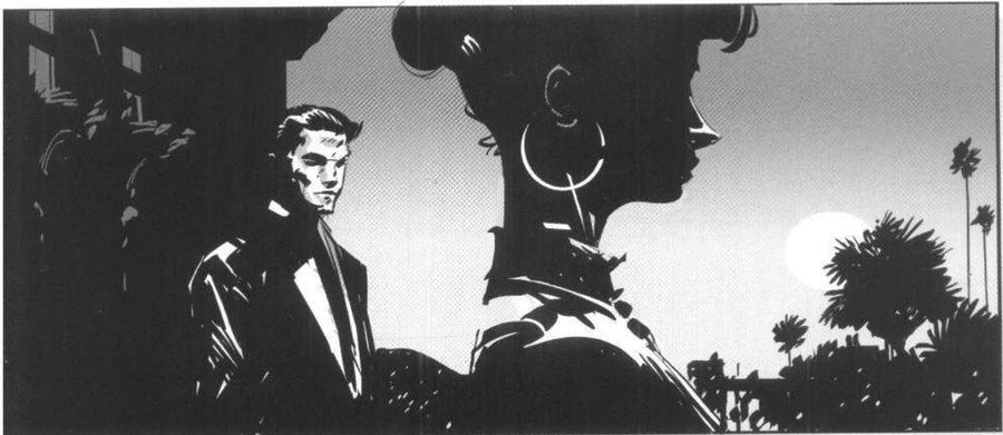 A woman in dark profile in the foreground, a man behind her, palms and a low sun.