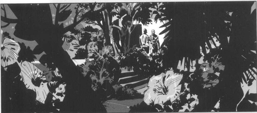 Dense dark foliage with a tiny pair of figures in a bright doorway.