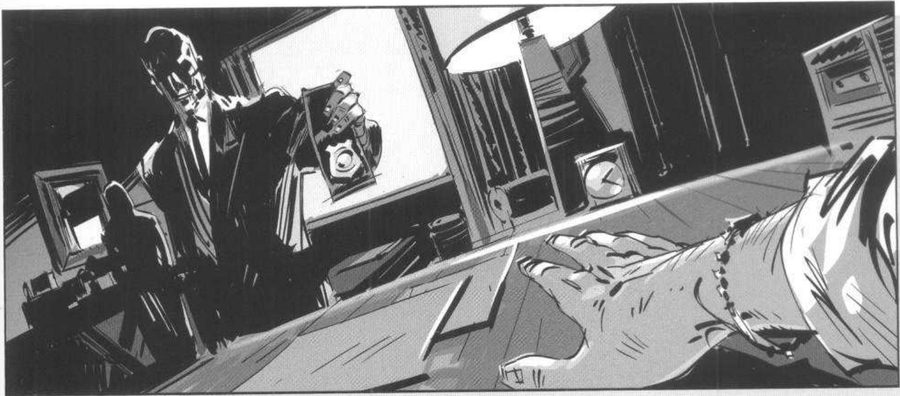 A tilted room seen from a bed, a hand reaching in, two men standing.