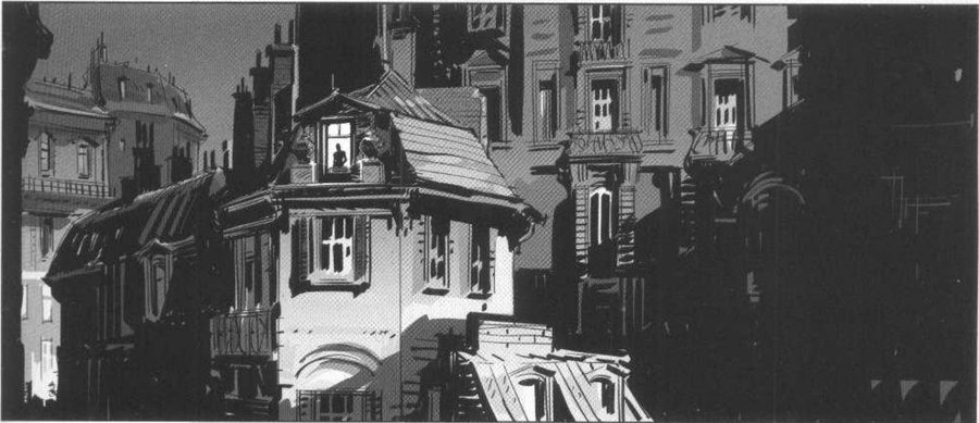 A night street of old buildings with one lit window.
