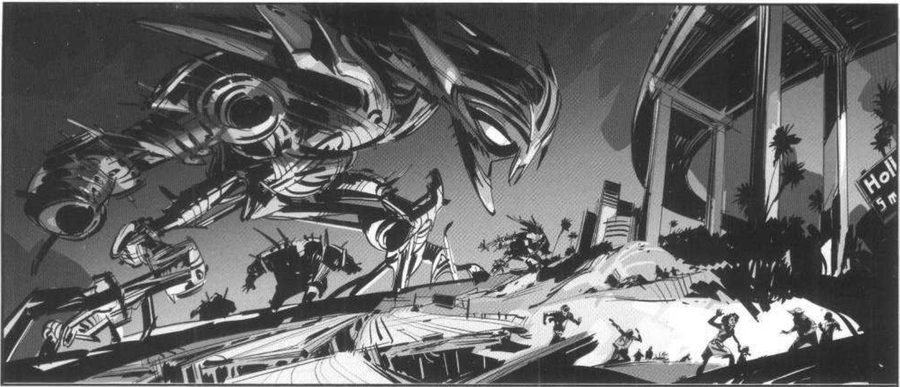 Giant aliens rampaging, small humans running at the lower right.