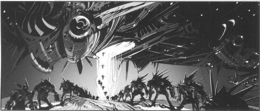 A huge ship above a line of aliens, figures pulled up into its opening.