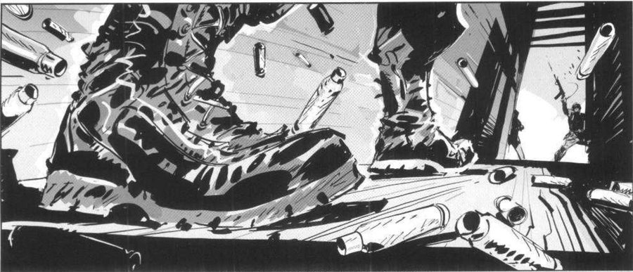 A low, wide view of boots and falling shell casings.