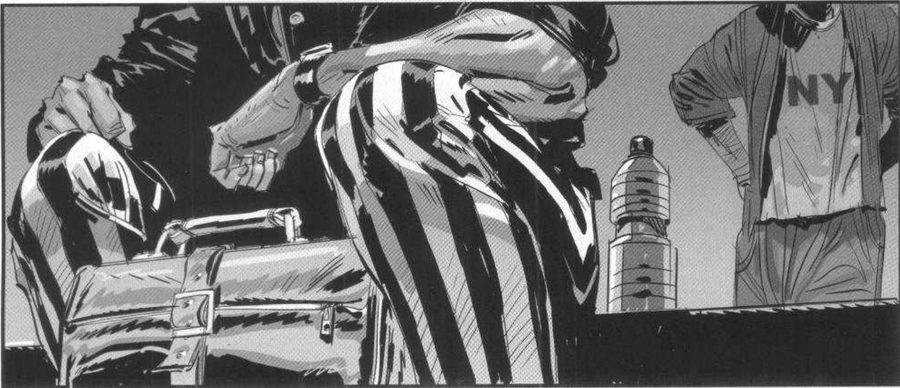 Striped trousers, a briefcase and a water bottle, a second figure cut off at the shoulders.