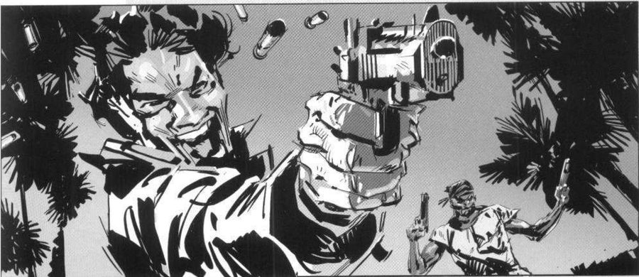 A tense man firing a pistol close to camera, shells flying, a smaller gunman and palms behind.
