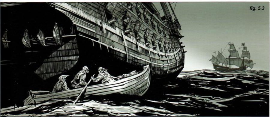 Three pirates in a rowboat beside a huge galleon, a second galleon far off.