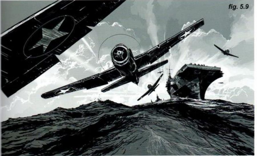 Fighter planes flying low over the sea towards a carrier.