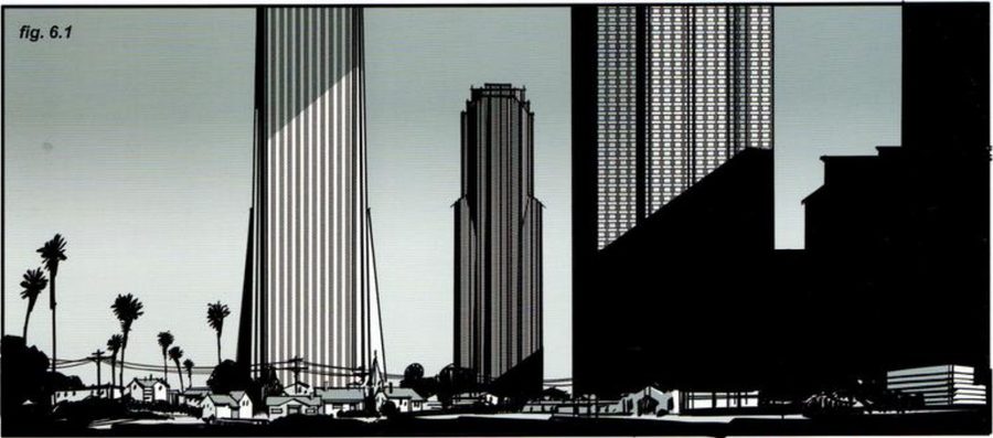 Giant towers rising behind small houses and palm trees.