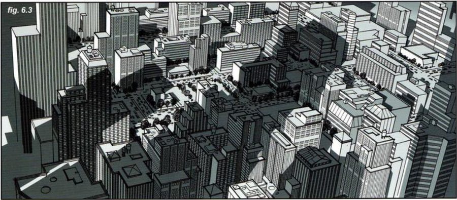 A high view over a city grid with long shadows across it.