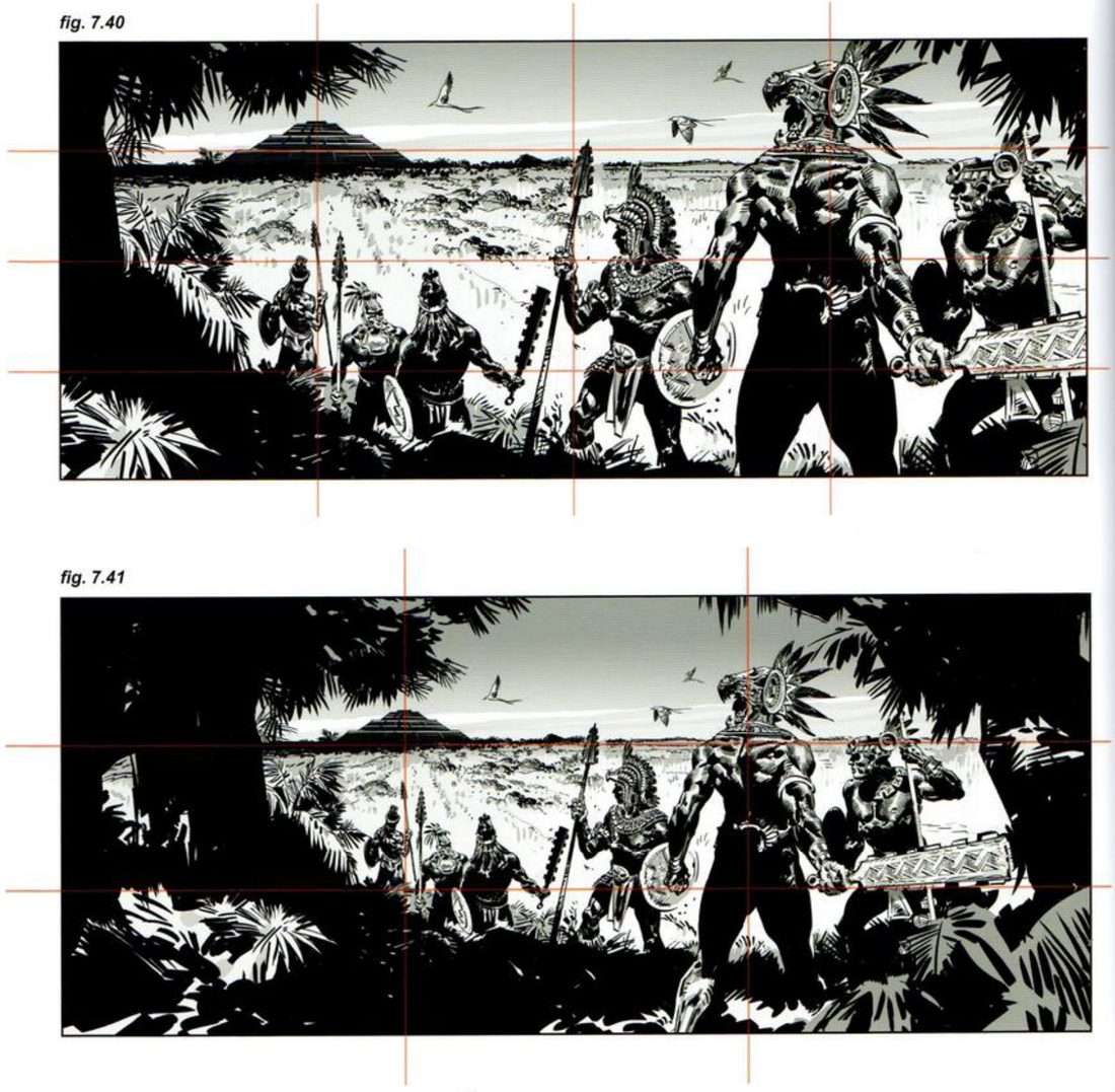 Two wide panels of Aztec warriors walking out of jungle towards a distant pyramid, the top on a fourths grid, the bottom on a thirds grid with more dark jungle around.