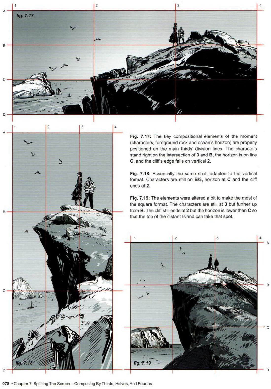 Wide, tall and square panels of two figures on a cliff top above the sea, on red thirds grids, with his captions.
