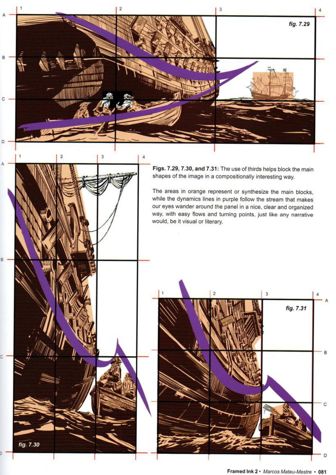 The same three galleon panels in brown tones on black grids, with thick purple lines sweeping along the hull and down to the boat.