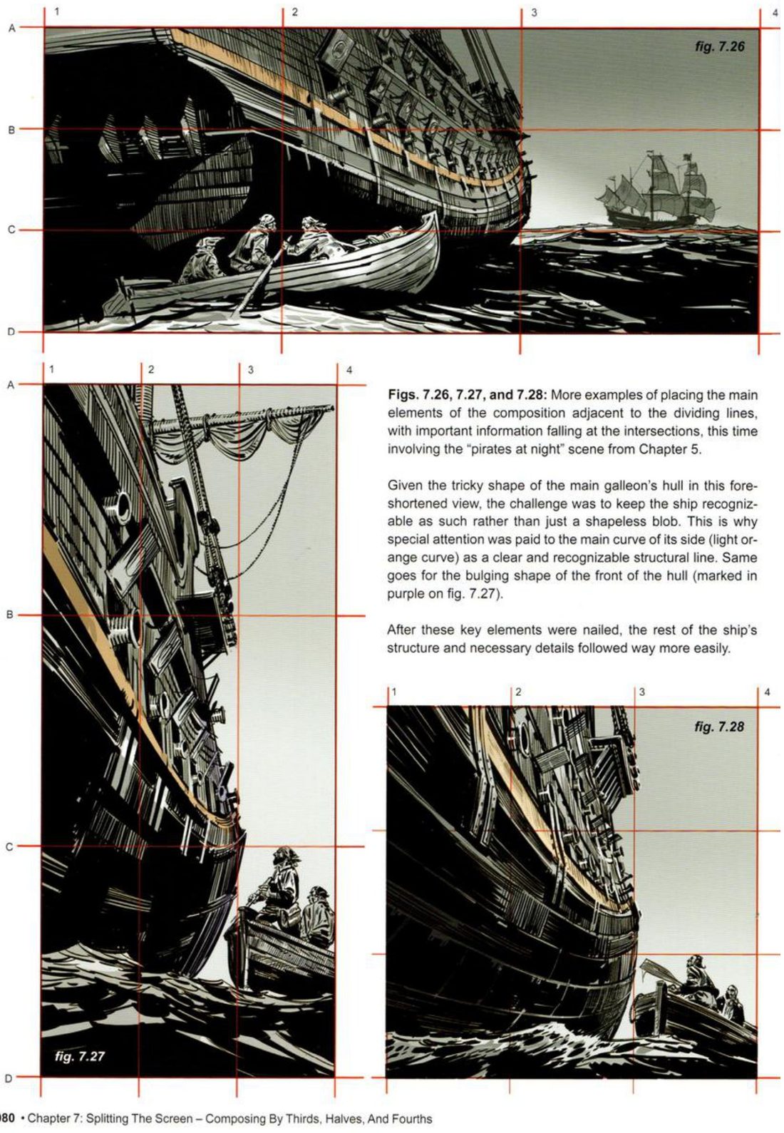 Wide, tall and square panels of a huge galleon hull towering over a rowing boat at night, on red thirds grids, the hull's side curve tinted orange, with his captions.