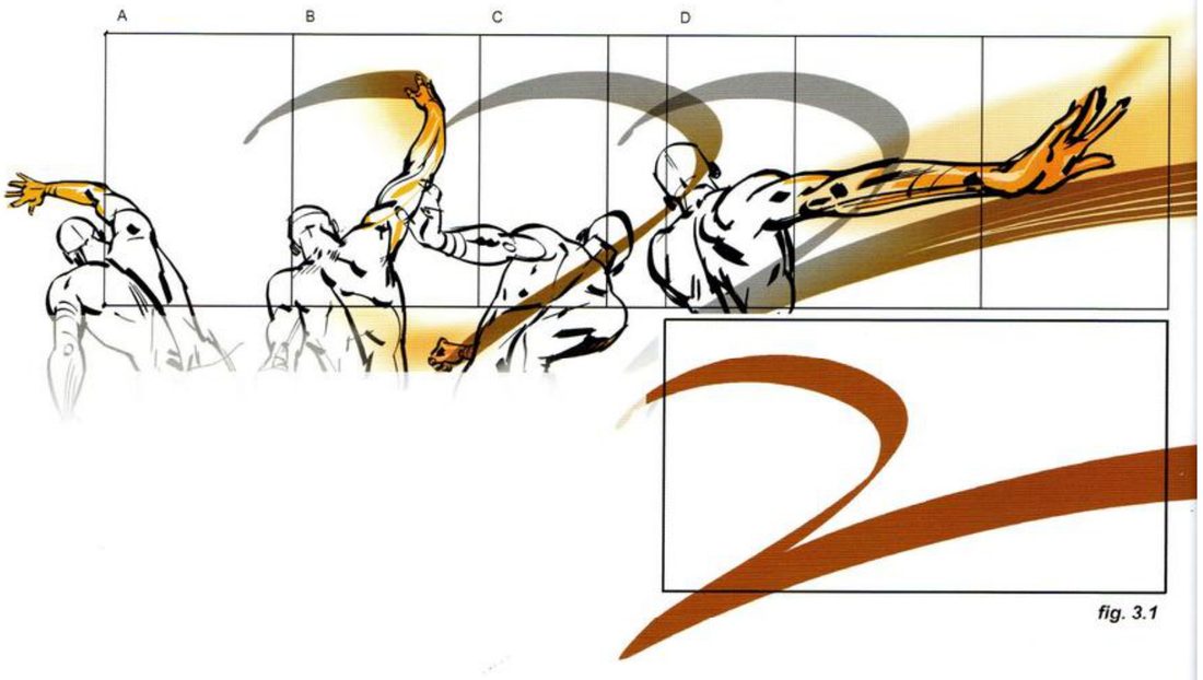 A strip of four figure sketches labelled A to D catching and throwing, with a brown sweeping path through them, and below in a box a single large brown brush stroke shaped like a 2.