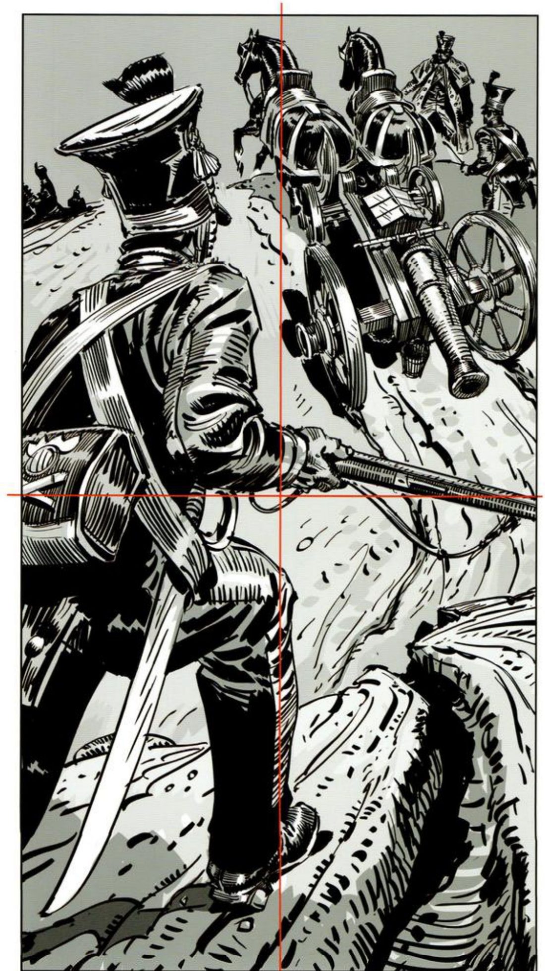 A tall panel split by red lines into halves: a soldier from behind on the left, horses dragging a cannon up a muddy slope on the right.