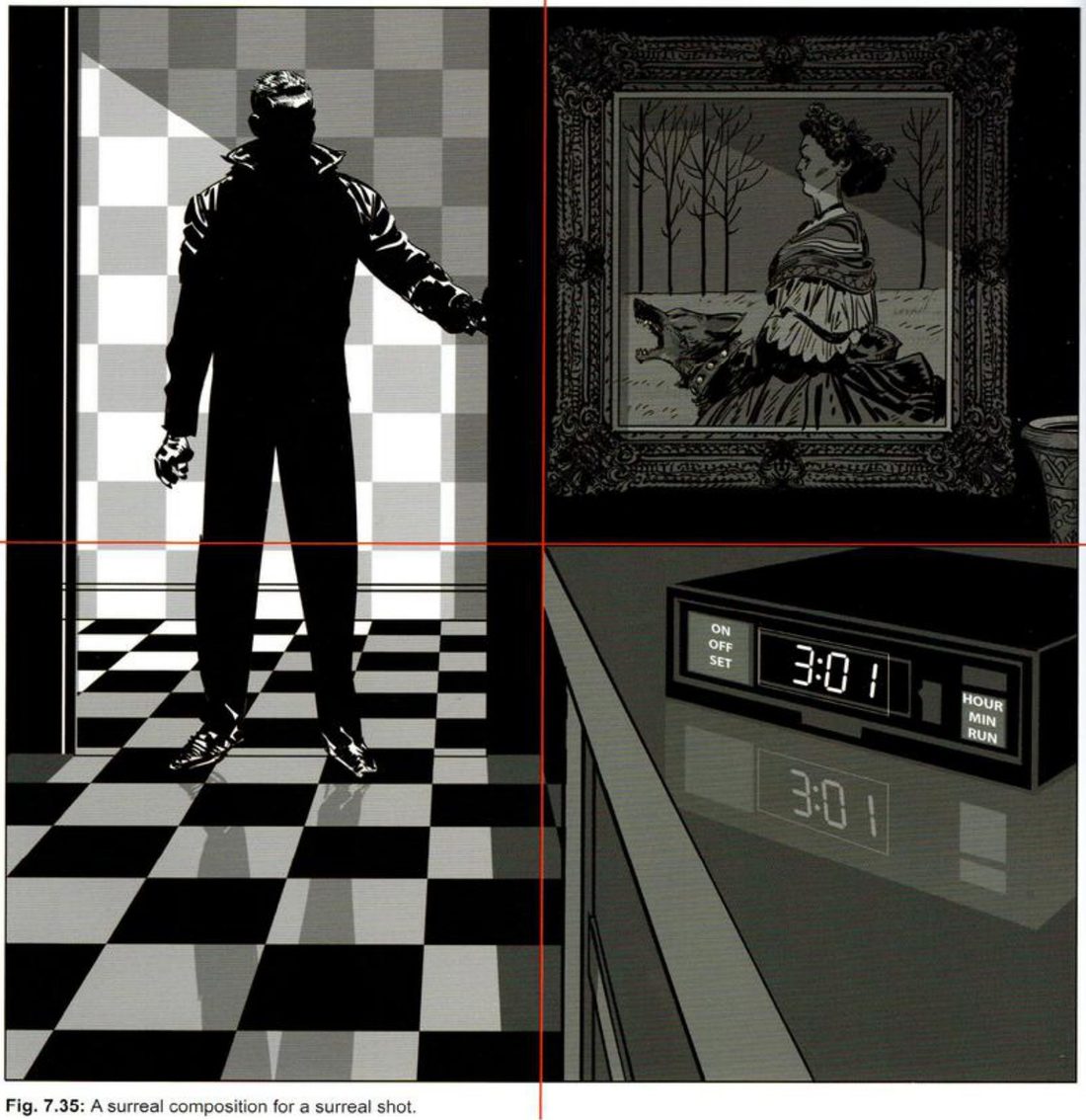 A square in four quadrants: a silhouetted man in a doorway on a chequered floor, a framed painting of a woman and a wolf, and an alarm clock reading 3:01.