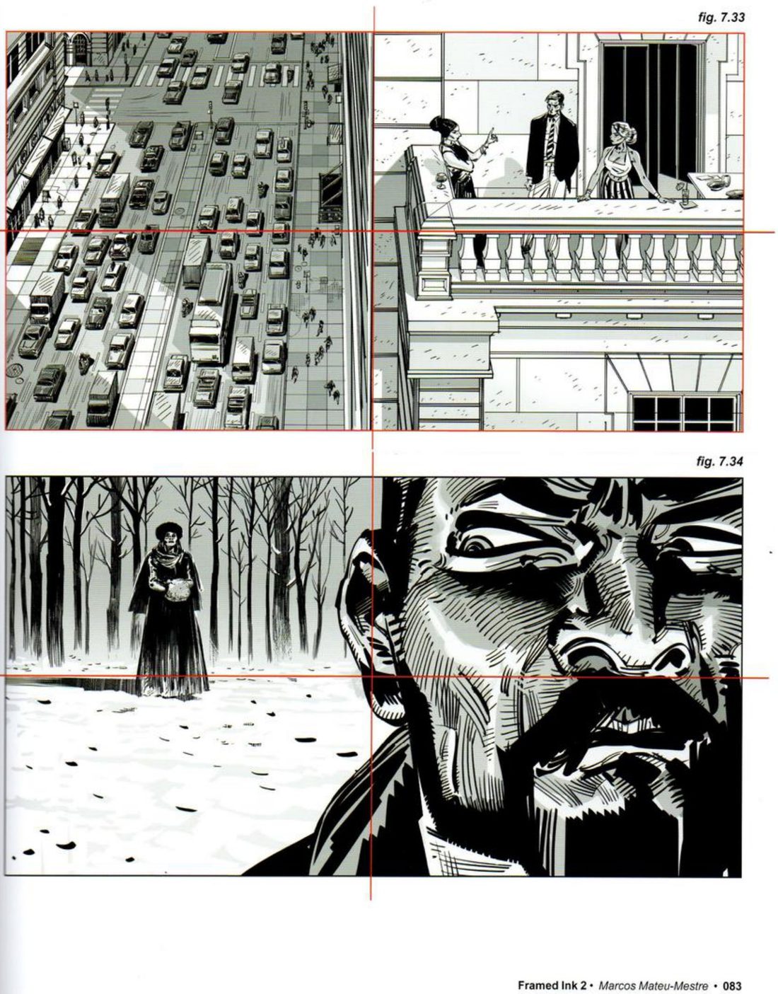 A wide panel split in half: traffic far below on the left, three people on a balcony on the right; below, a wide panel split in half: a ghostly woman in snowy woods on the left, a huge close face on the right.