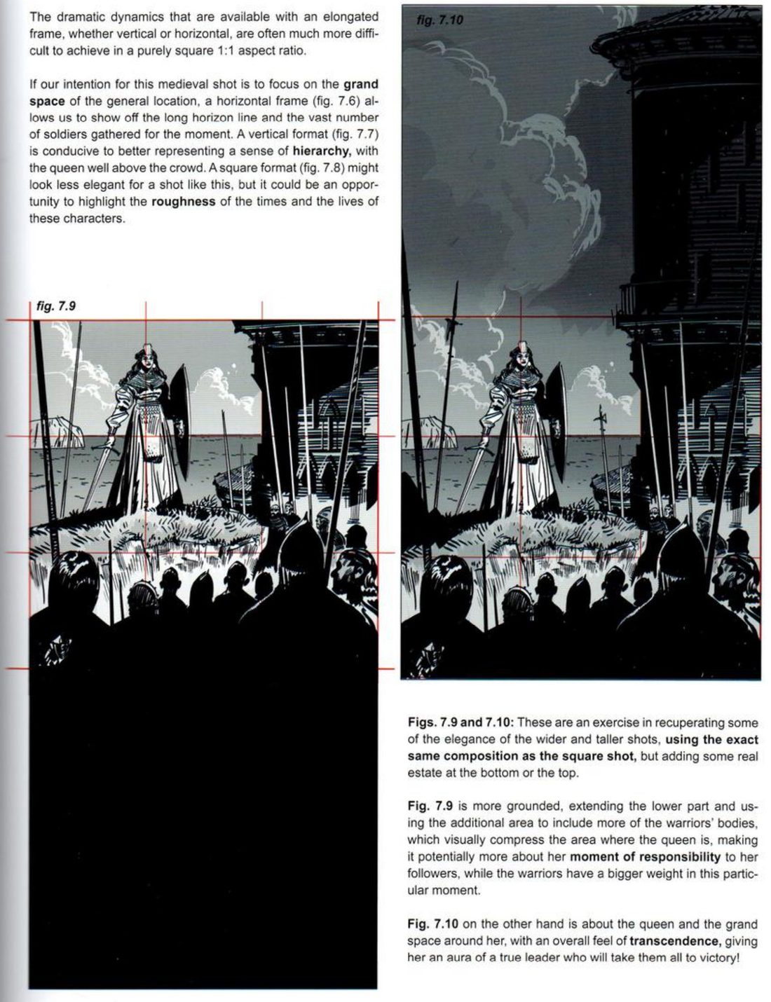 His text on format and intent, then the square queen composition extended downward with a black mass of warriors' bodies, and the same square extended upward with a tall sky, clouds and a tower.