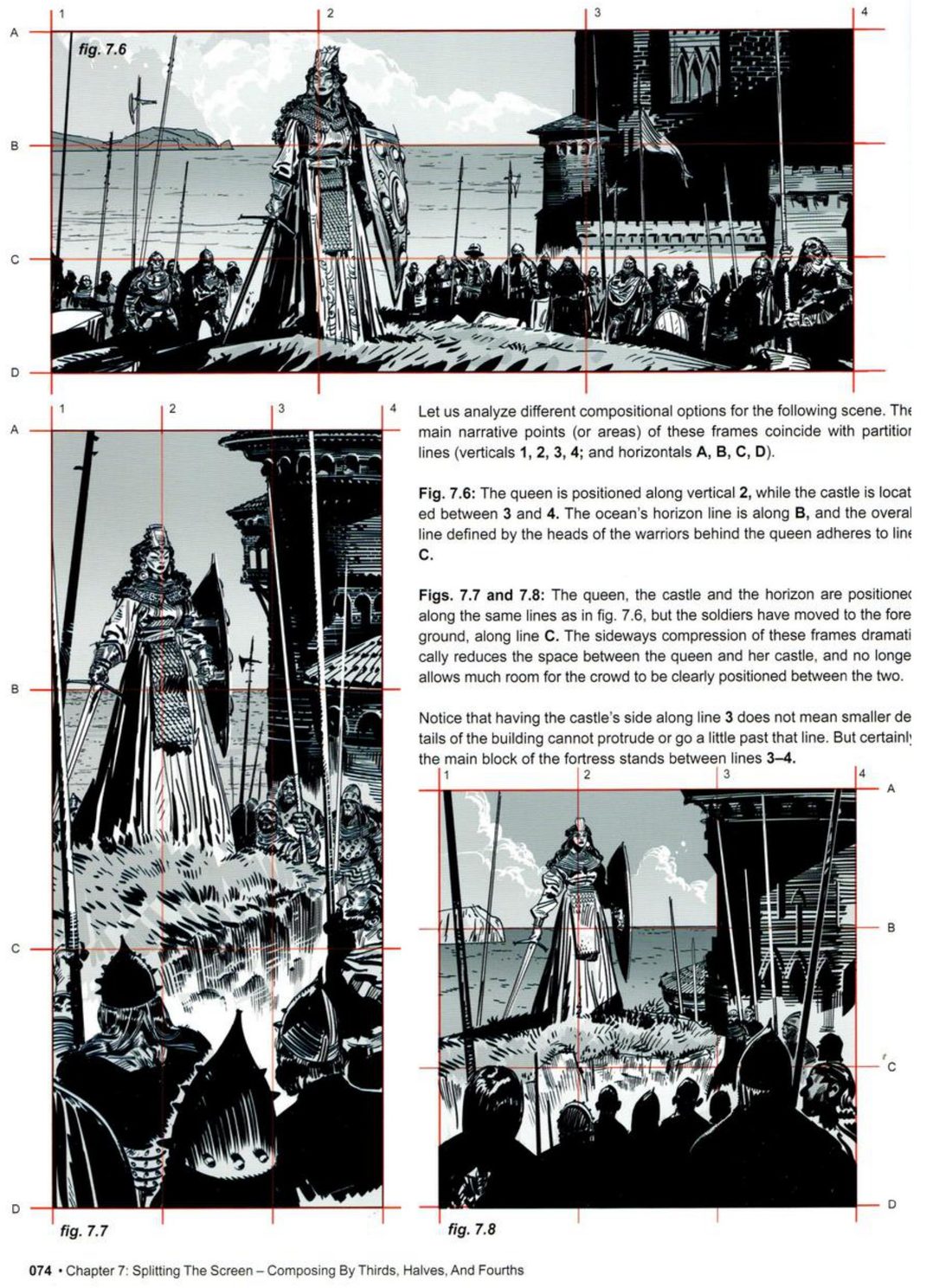 Three panels of a queen with sword and shield before warriors and a castle by the sea, each on a red thirds grid labelled 1 to 4 and A to D: wide, tall and square, with his captions.