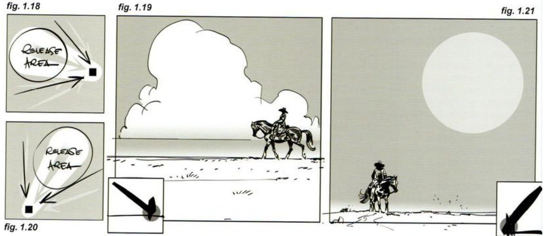 Two small schematics with a square in a corner and a circle labelled release area; a rider small at lower right under a huge white cumulus cloud; a rider small at lower left under a pale sun disc; small black brush-stroke insets at the bottom corners of both finished frames.