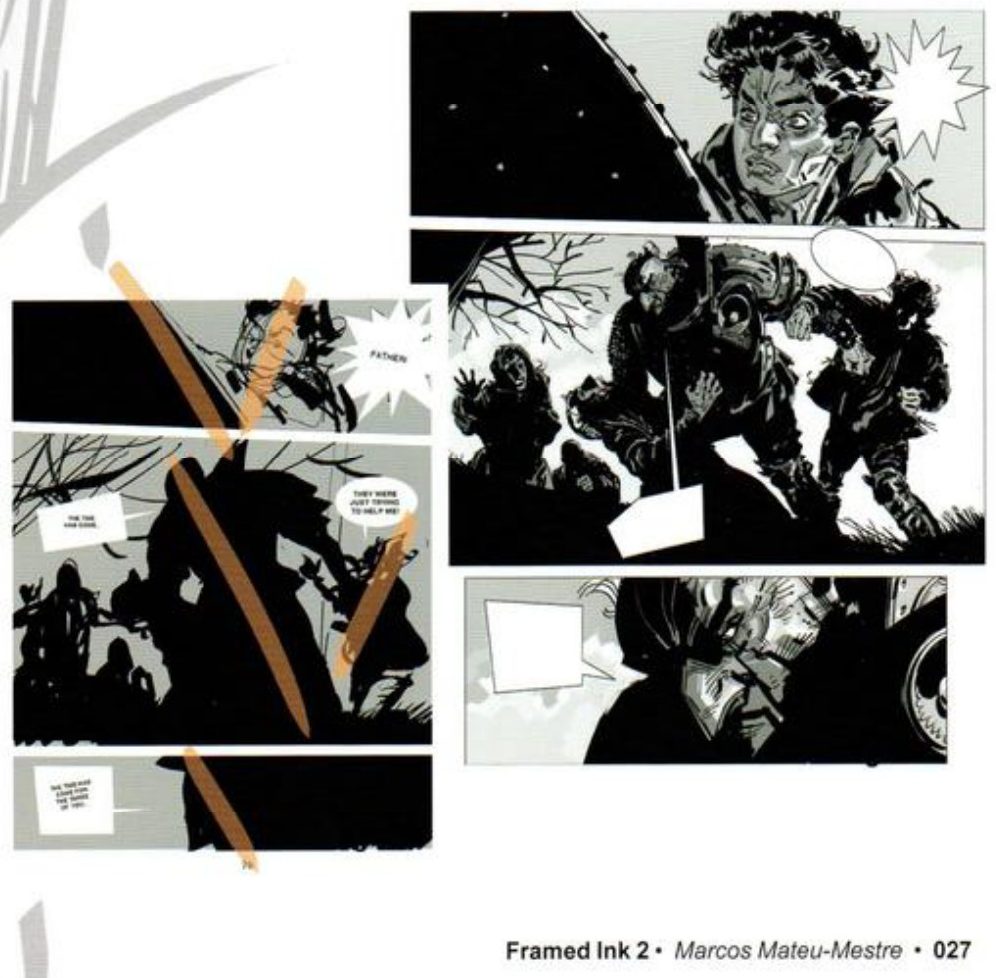 Two versions of a comic page: on the left a loose rough with black masses, orange slash marks and placed balloons; on the right a cleaner rendered version.