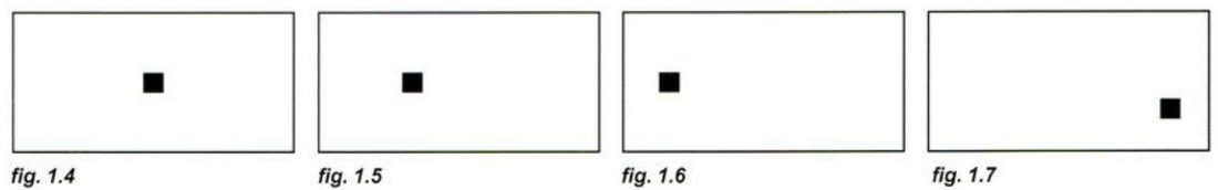 Four wide white frames, each with a small black square: centred, a little left of centre, upper left, and lower right near the corner.