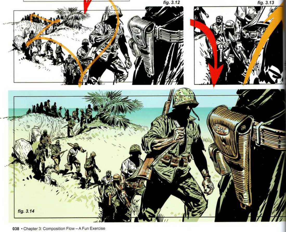 A wide ink panel of soldiers filing up a jungle dune with an orange zig-zag over them, a narrower detail with a red arrow plunging off the bottom edge and an orange arrow rising, and below the full-colour wide panel.