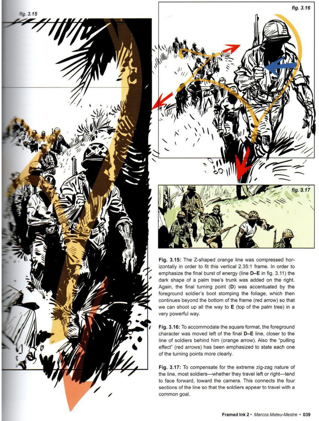 Left: a tall panel of soldiers and a palm trunk with an orange Z laid over and a red arrow off the bottom. Right: a square rough with an orange zig-zag and red and blue arrows, a small colour strip of soldiers facing camera, and his captions.