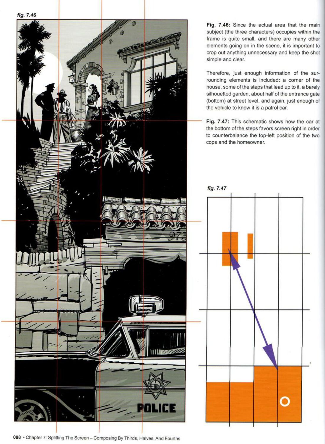 A tall panel on a fourths grid: two policemen and a woman at the top of steps by a house, a patrol car at the bottom; beside it an orange block schematic with a purple two-way arrow from top left to bottom right, and his captions.