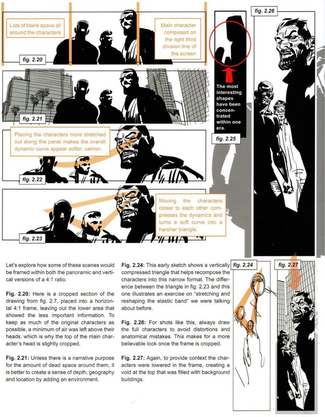 Four very wide strips of the three men: cropped with lots of empty space, with city buildings added, spread out with a soft orange curve, and pushed close with a harsh orange triangle; tall strips at right: a rough with a compressed triangle, a blob with a red circle, a full tall drawing, and a lowered version with buildings above. Orange notes on the strips and his captions below.