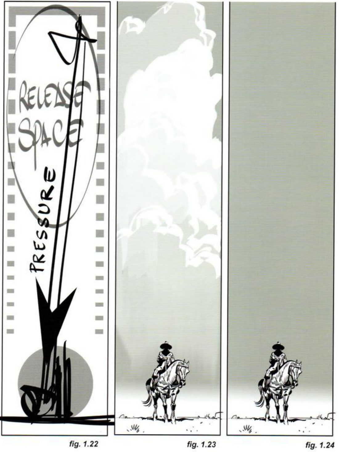 Three very tall frames. Left: a rough with a big oval labelled release space and a long arrow labelled pressure driving down to a grey disc. Middle: a small rider at the bottom under a towering cloud. Right: the same rider under an empty grey sky.