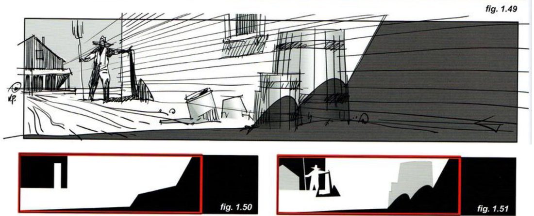 Top: a rough wide sketch with the farmer at left and barrels at centre-right, a huge dark cast shadow filling the right third. Below: two flat black and white versions with a red box around the lit area.