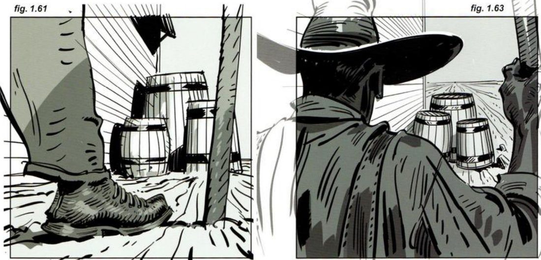 Two square frames. Left: a low view past a huge boot and trouser leg to barrels in the centre, a pitchfork handle at right. Right: an over-the-shoulder view past a hat and shoulder to three barrels, with grey lines continuing the figure outside the frame.