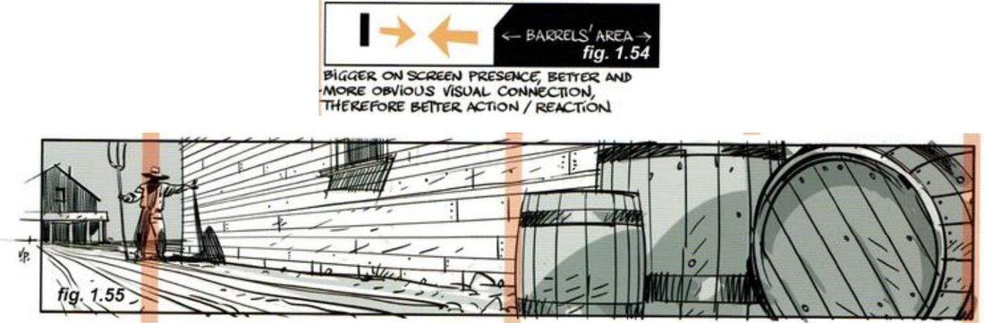 Top: a small diagram with arrows closing the gap between a black bar and the barrels’ area, with a handwritten note. Below: the wide sketch with an extra large barrel added on the right, reaching into the middle.