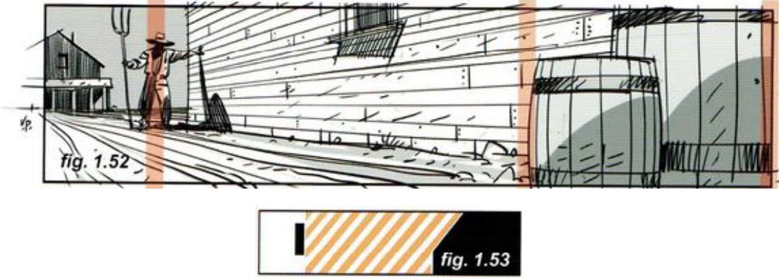 A wide sketch: the farmer at far left by a farmhouse, a long plank wall in the middle, barrels at far right, orange bands over each. Below, a flat diagram: a small black bar at left, a striped orange middle, a black mass at right.