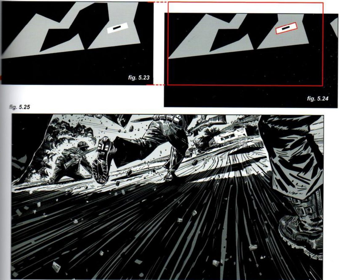 Top left: the third flat thumbnail. Top right: the same thumbnail with a red frame pushed down so most of it is dark ground, the bunker boxed in red. Below: a low wide render of boots and legs running over rocky ground, the bunker small in the distance.