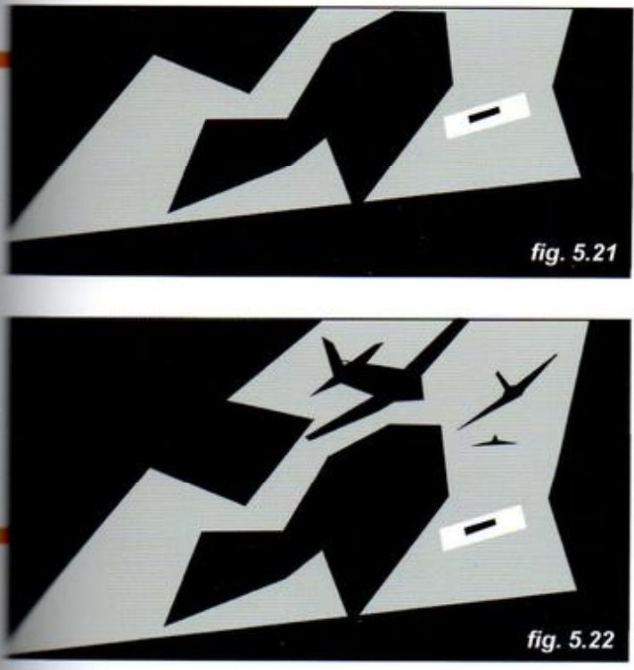 Two flat grey and black thumbnails of the bunker shot; the second includes black plane silhouettes at the top. A small white rectangle marks the bunker in each.