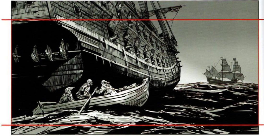 The rowboat image in a taller frame, with red lines marking the original 2.35 band; more of the galleon’s hull and rigging shows above it.