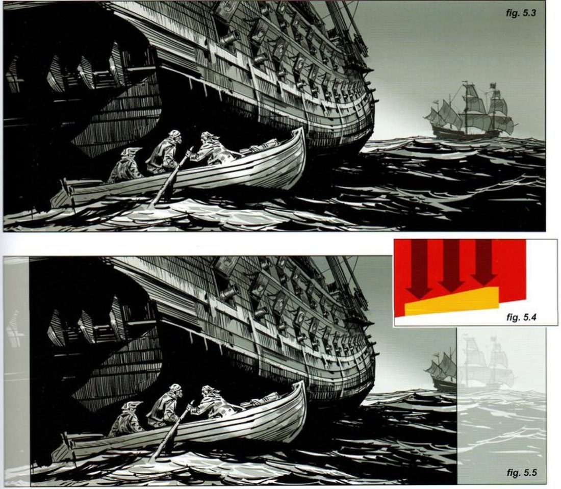 Top: a wide image of three pirates in a rowboat under a huge dark galleon, a second galleon in the distance at right. Below: the same image with a wide strip greyed out on the right and a thin strip on the left, and a red and yellow thumbnail with three down arrows.